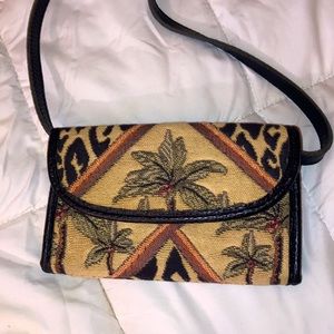 Crossbody Genuine Leather & Cloth Pattern Wallet / Purse